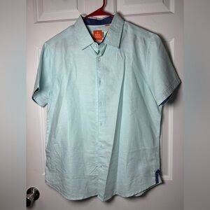 Medium Free Planet light blue short-sleeve button-down shirt.
